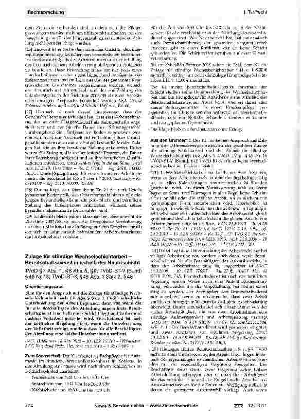 Vorschauseite 1: Zulage für ständige Wechselschichtarbeit -Bereitschaftsdienst innerhalb der NachtschichtTVöD § 7 Abs. 1, § 8 Abs. 5, § 9; TVöD-BT-V (Bund) §46 Nr. 18; TVöD-BT-K §45 Abs. 1 Satz 2,…