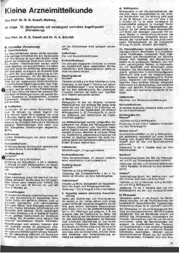 Vorschauseite 1: Kleine Arzneimittelkunde für die Schwester 45. Folge: IX. Medikamente mit vorwiegend zentralem Angriffspunkt