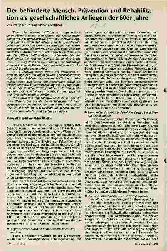 Vorschauseite 1: Der behinderte Mensch, Prävention und Rehabilitation als gesellschaftliches Anliegen der 80er Jahre