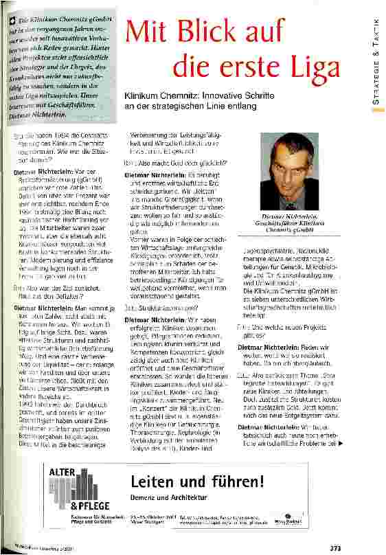 Vorschauseite 1: Mit Blick auf die erste Liga Klinikum Chemnitz: Innovative Schritte an der strategischen Linie entlang