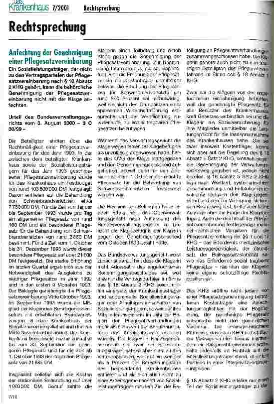 Vorschauseite 1: Rechtsprechung Anfechten der Genehmigung einer Pflegesatzvereinbarung