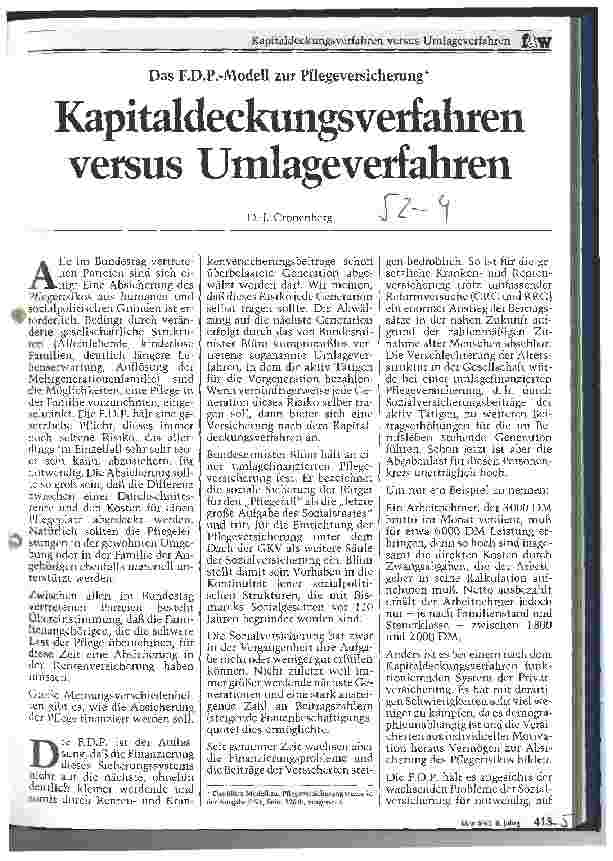 Vorschauseite 1: Kapitaldeckungsverfahren versus Umlageverfahren Das FDP-Modell zur Pflegeversicherung