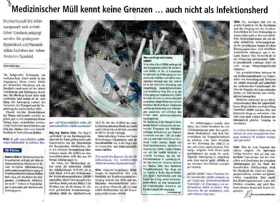 Vorschauseite 1: Medizinischer Müll kennt keine Grenzen ... auch nicht als Infektionsherd