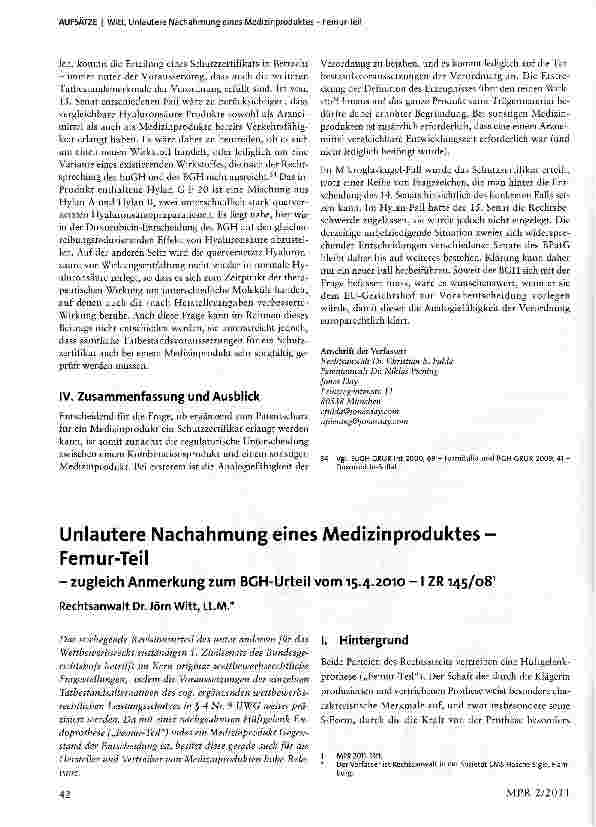 Vorschauseite 1: Unlautere Nachahmung eines Medizinproduktes -Femur-Teil