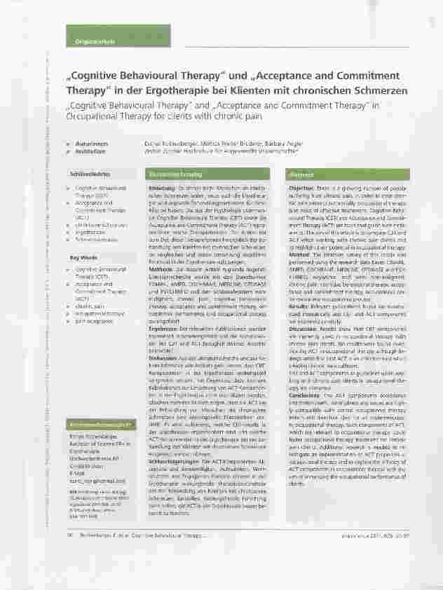 Vorschauseite 1: „Cognitive Behavioural Therapy und „Acceptance and CommitmentTherapy in der Ergotherapie bei Klienten mit chronischen Schmerzen