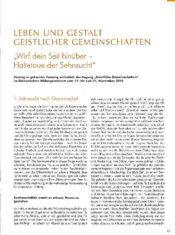Vorschauseite 1: LEBEN UND GESTALT GEISTLICHER GEMEINSCHAFTEN„Wirf dein Seil hinüber -Haltetaue der Sehnsucht
