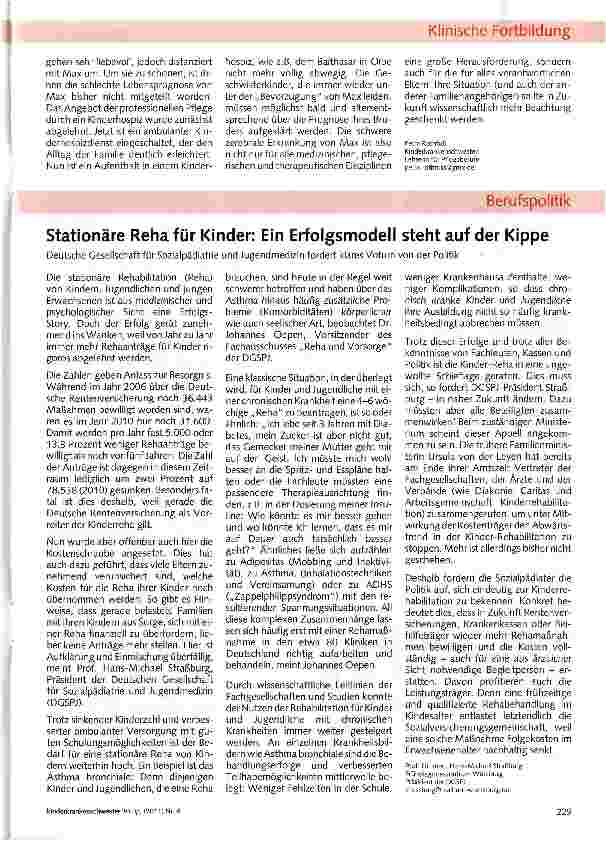 Vorschauseite 1: Stationäre Reha für Kinder: Ein Erfolgsmodell steht auf der Kippe