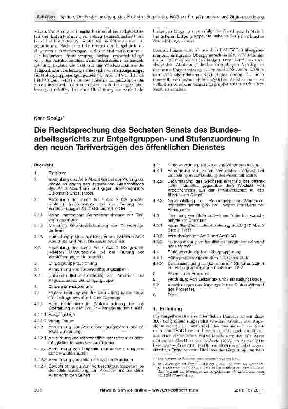 Vorschauseite 1: Die Rechtsprechung des Sechsten Senats des Bundesarbeitsgerichts zur Entgeltgruppenund Stufenzuordnung in den neuen Tarifverträgen des öffentlichen Dienstes