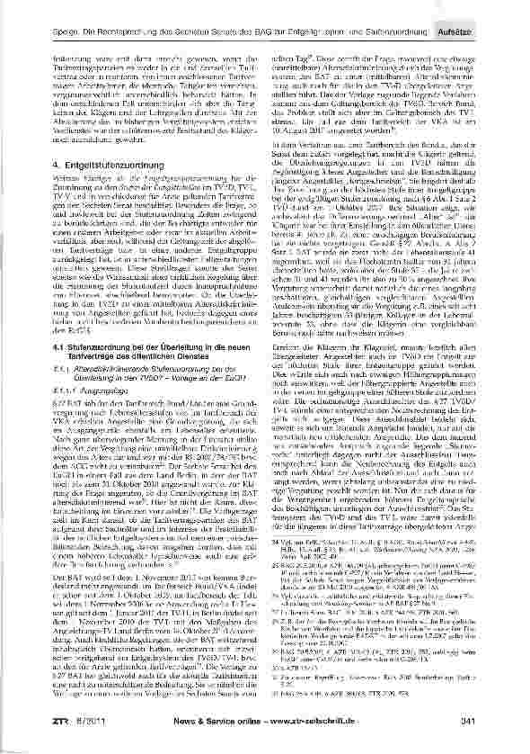 Vorschauseite 4: Die Rechtsprechung des Sechsten Senats des Bundesarbeitsgerichts zur Entgeltgruppenund Stufenzuordnung in den neuen Tarifverträgen des öffentlichen Dienstes