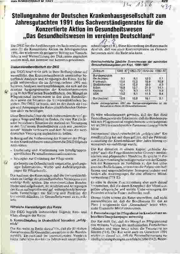 Vorschauseite 1: Stellungnahme der DKG zum Jahresgutachten 1991 des Sachverständigenrates für die Kontertierte Aktion im Gesundheitswesen