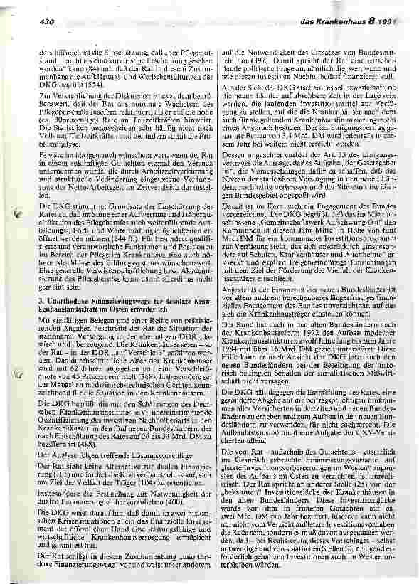 Vorschauseite 2: Stellungnahme der DKG zum Jahresgutachten 1991 des Sachverständigenrates für die Kontertierte Aktion im Gesundheitswesen