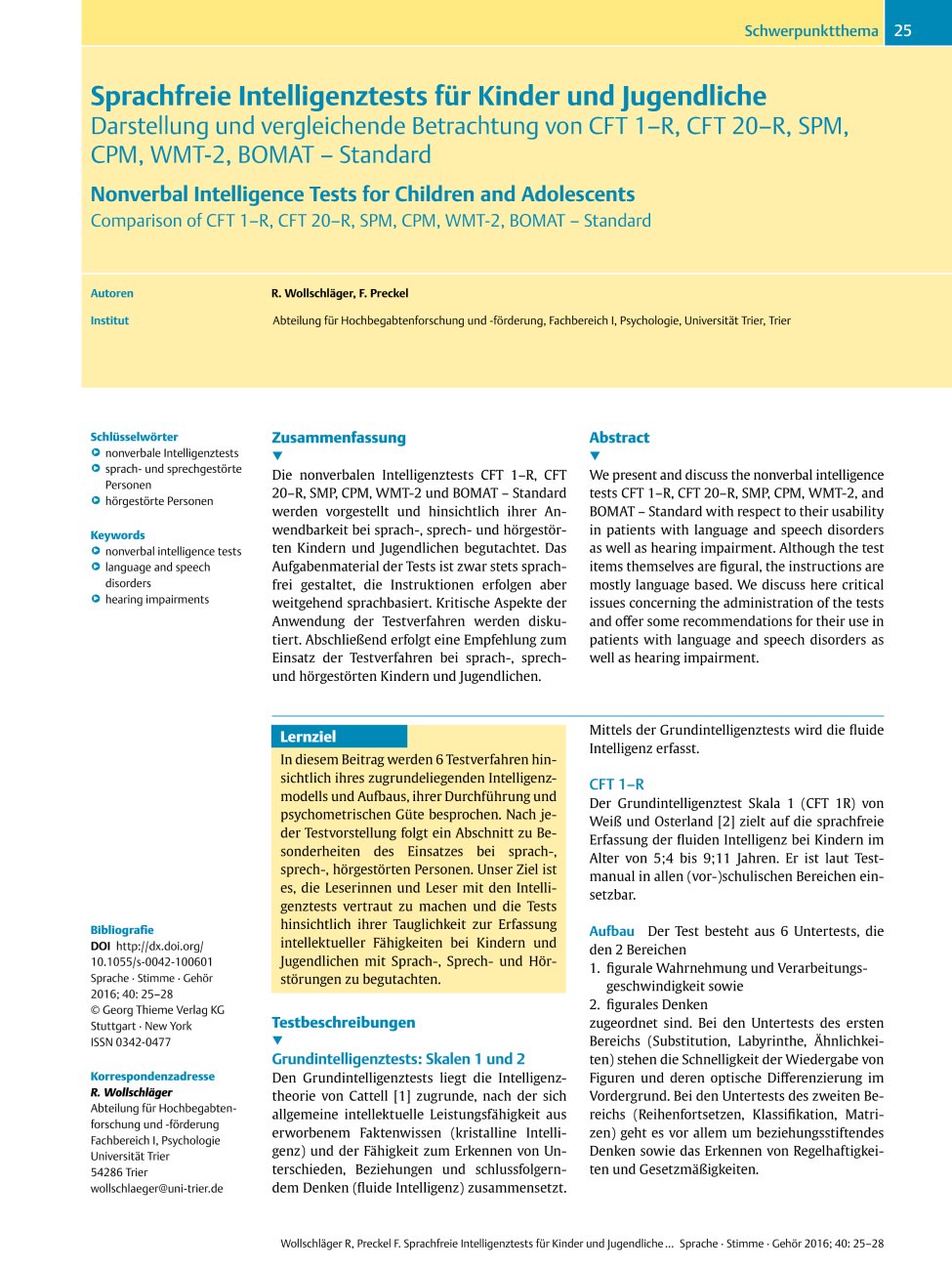 Vorschauseite 1: Sprachfreie Intelligenztests für Kinder und Jugendliche Darstellung und vergleichende Betrachtung von CFT 1? R, CFT 20? R, SPM, CPM, WMT-2, BOMAT? Standard