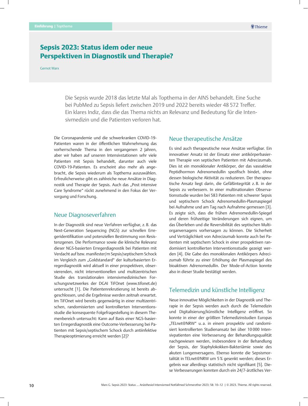 Vorschauseite 1: Sepsis 2023: Status quo oder neue Perspektiven in Diagnostik und Therapie?