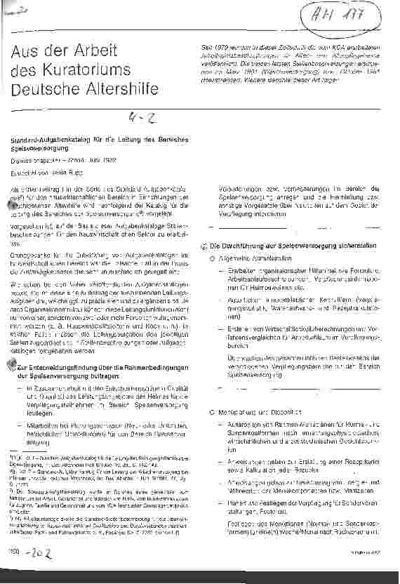 Vorschauseite 1: Aus der Arbeit des Kuratoriums Deutsche Altershilfe // Standard- Stellenbeschreibungen f. d. Leitung des Bereiches Speiseversorgung