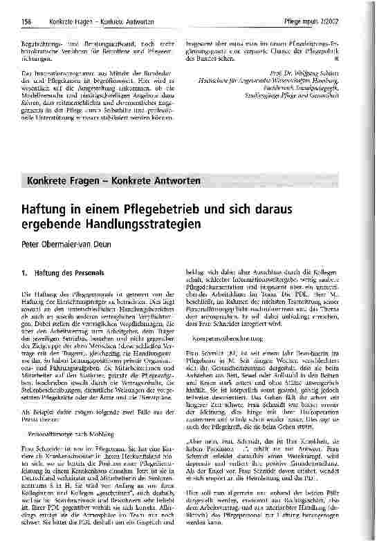 Vorschauseite 1: Haftung in einem Pflegebetrieb und sich daraus ergebende Handlungsstrategien