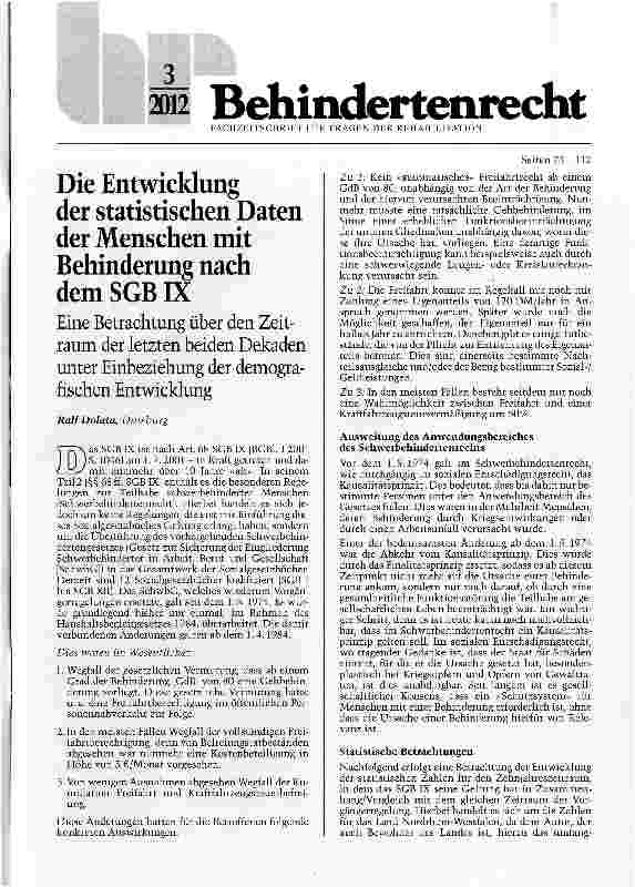 Vorschauseite 1: Die Entwicklung der statistischen Daten der Menschen mit Behinderung nach dem SGBIX