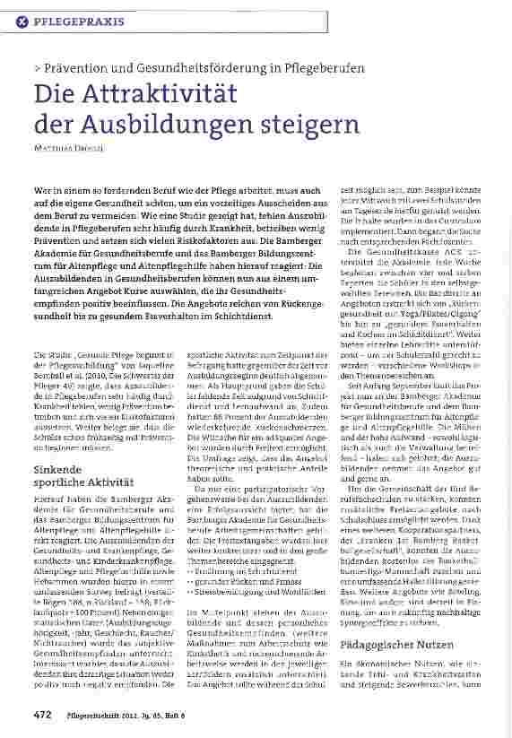 Vorschauseite 1: Die Attraktivität der Ausbildungen steigern Prävention und Gesundheitsförderung in Pflegeberufen