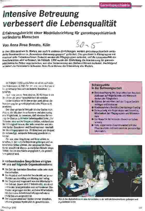Vorschauseite 1: Intensive Betreuung verbessert die Lebensqualität Erfahrungsbericht einer Modelleinrichtung für gerontopsychiatrisch...