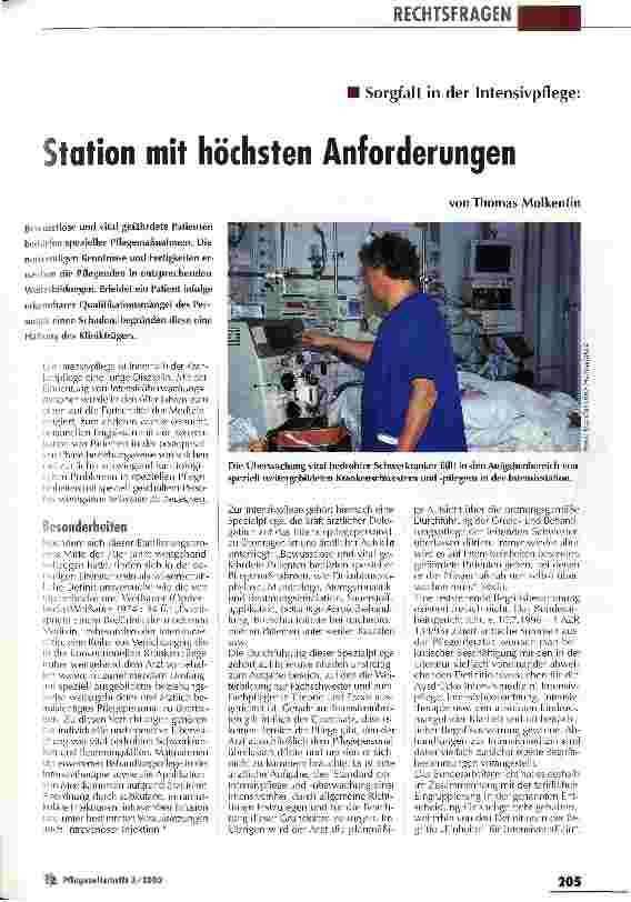 Vorschauseite 1: Station mit höchsten Anforderungen Sorgfalt in der Intensivpflege