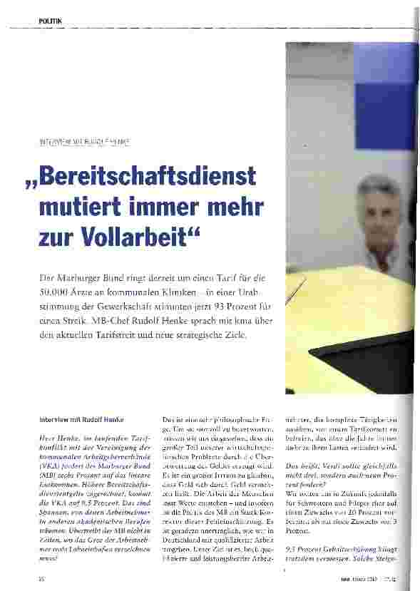 Vorschauseite 1: Bereitschaftsdienst mutiert immer mehr zur Vollarbeit