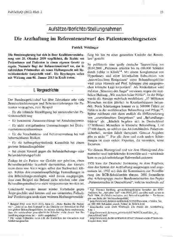 Vorschauseite 1: Die Arzthaftung im Referentenentwurf des Patientenrechtegesetzes