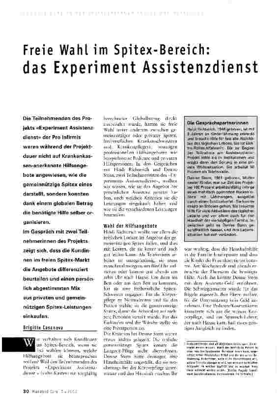 Vorschauseite 1: Freie Wahl im Spitex-Bereich: das Experiment Assistenzdienst