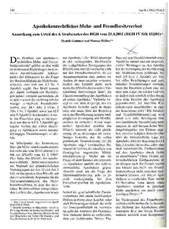 Vorschauseite 1: Apothekenrechtliches Mehrund Fremdbesitzverbot Anmerkung zum Urteil des 4. Strafsenats des BGH vom 24. 4. 2002