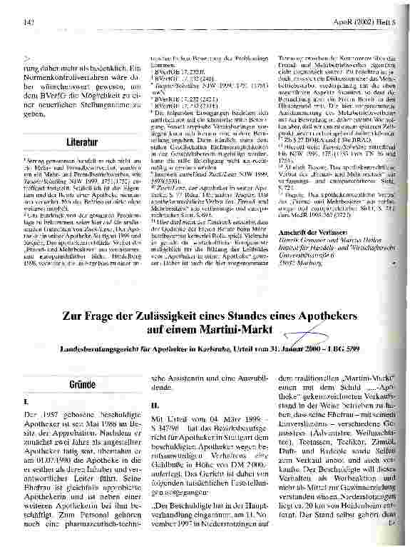 Vorschauseite 3: Apothekenrechtliches Mehrund Fremdbesitzverbot Anmerkung zum Urteil des 4. Strafsenats des BGH vom 24. 4. 2002
