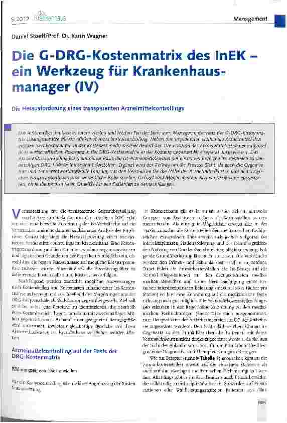 Vorschauseite 1: Die G-DRG-Kostenmatrix des InEK ein Werkzeug für Krankenhausmanager (IV)Die Herausforderung eines transparenten Arzneimittelcontrollings
