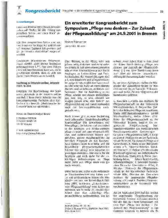Vorschauseite 1: Ein erweiterter Kongressbericht zum Symposium Pflege neu denken - Zukunft der Pflegeausbildung am 24.9.2001 in Bremen