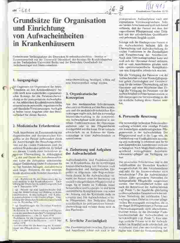 Vorschauseite 1: Grundsätze für Organisation und Einrichtung von Aufwacheinheiten in Krankenhäusern