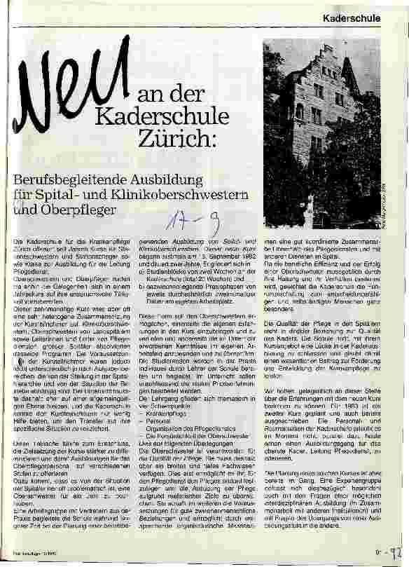 Vorschauseite 1: Neu an der Kaderschule Zürich: Berufsbegleitende Ausbildung für Oberschwestern und -pfleger