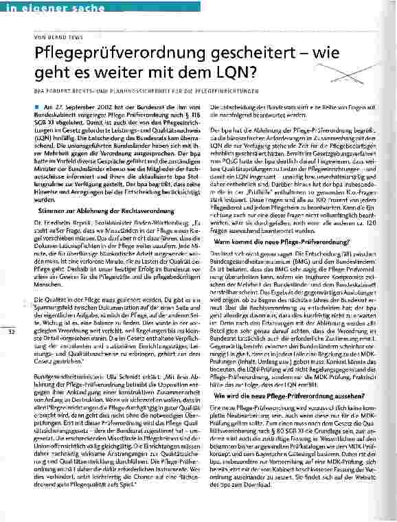 Vorschauseite 1: Pflegeprüfverordnung gescheitert - wie geht es weiter mit dem LQN?