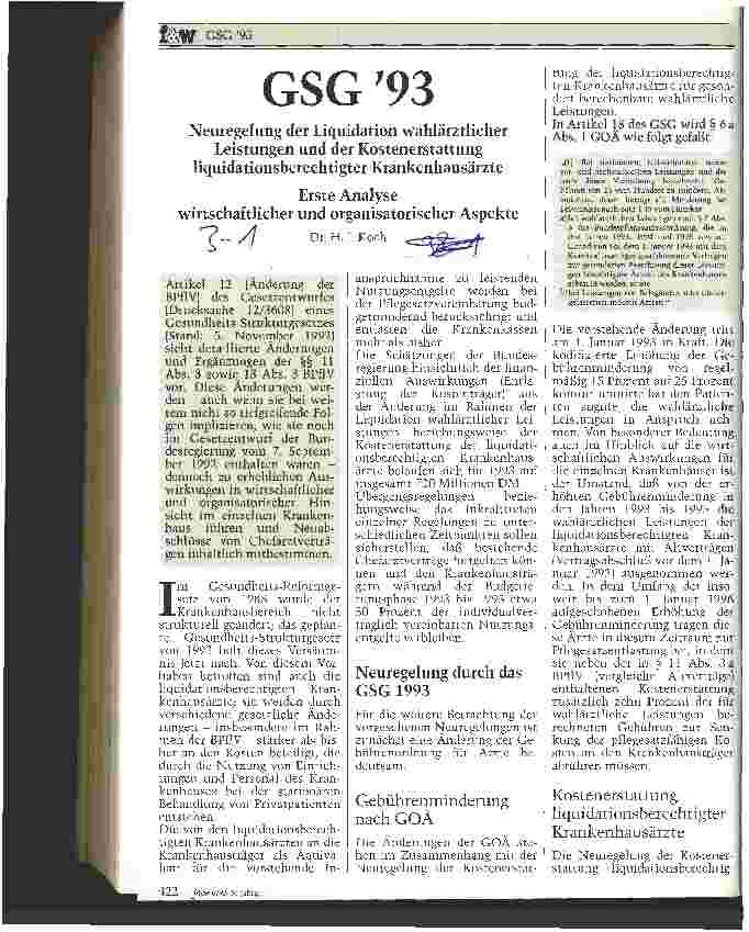 Vorschauseite 1: Gesundheitsstrukturgesetz 1993 - Neuregelung der Liquidation wahlärztlicher Leistungen und der Kostenerstattung liquidationsberechtigter Krankenhausärzte ..