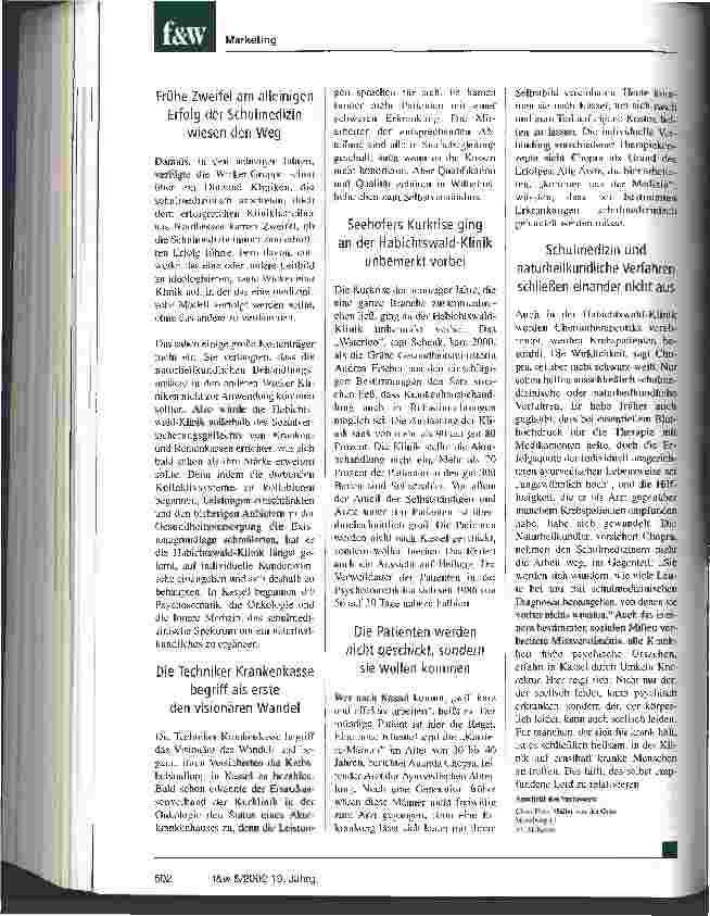 Vorschauseite 3: Die Privatpatienten wollen für eine gute Leistung zahlen Die Kasseler Habichtswald-Klinik begann als Wagnis und wurde zum Erfolg