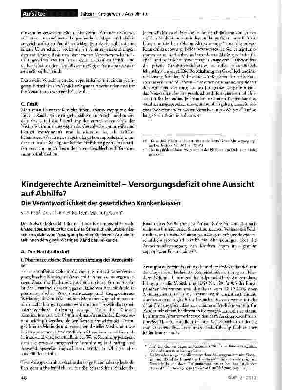 Vorschauseite 1: Kindgerechte Arzneimittel - Versorgungsdefizit ohne Aussicht auf Abhilfe?