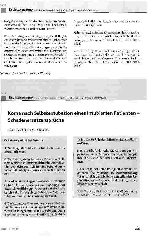 Vorschauseite 1: Koma nach Selbstextubation eines intubierten Patienten SchadenersatzansprücheBGB § 253, § 280, § 611, § 823 Abs. 1