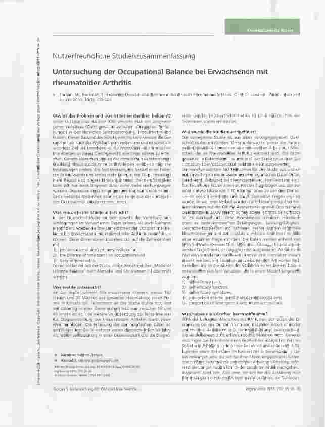 Vorschauseite 1: Untersuchung der Occupational Balance bei Erwachsenen mit rheumatoider Arthritis