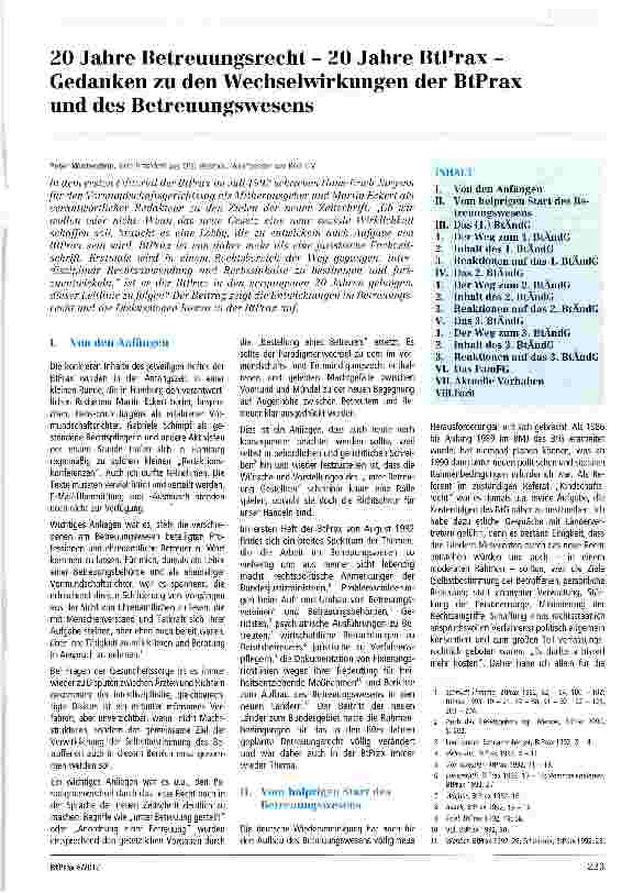 Vorschauseite 1: 20 Jahre Betreuungsrecht - 20 Jahre BtPrax -Gedanken zu den Wechselwirkungen der BtPrax und des Betreuungswesens