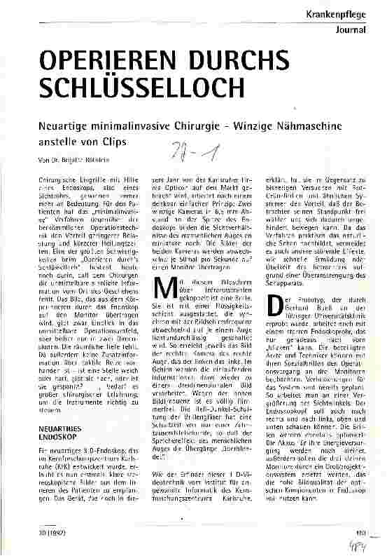 Vorschauseite 1: Operieren durchs Schlüsselloch - Neuartige minimalinvasive Chirurgie Winzige Nähmaschine anstelle von Clips