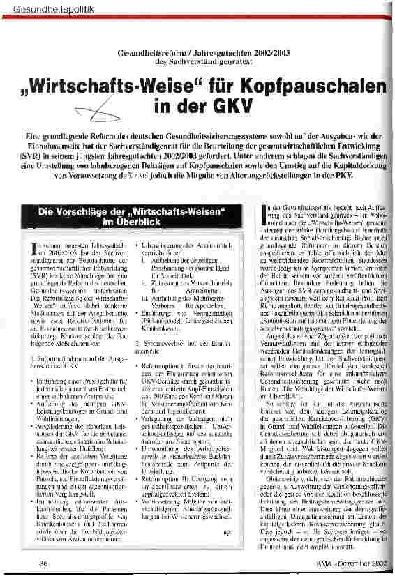 Vorschauseite 1: Wirtschafts-Weise für Kopfpauschalen in der GKV Gesundheitsreform / Jahresgutachten 2002/2003 des Sachverständigenrates