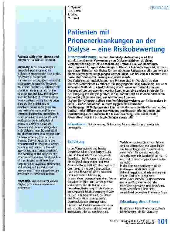 Vorschauseite 1: Patienten mit Prionenerkrankungen an der Dialyse - eine Risikobewertung