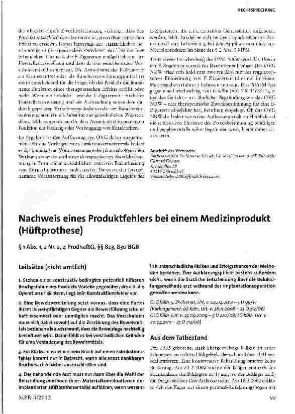 Vorschauseite 1: Nachweis eines Produktfehlers bei einem Medizinprodukt (Hüftprothese)