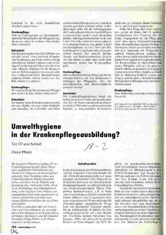 Vorschauseite 1: Umwelthygiene in der Krankenpflegeausbildung? Teil III und Schluß