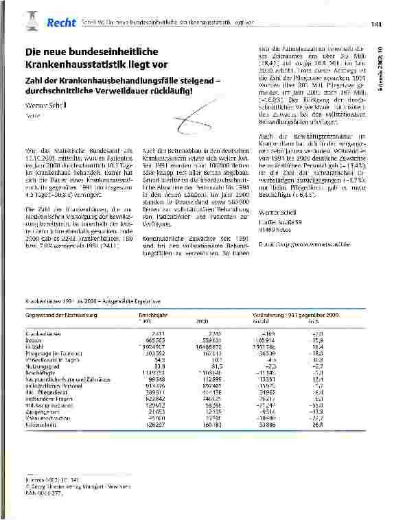Vorschauseite 1: Die neue bundeseinheitliche Krankenhausstatistik liegt vor Zahl der Krankenhausbehandlungsfälle steigend - durchschnittliche Verweildauer rückläufig!