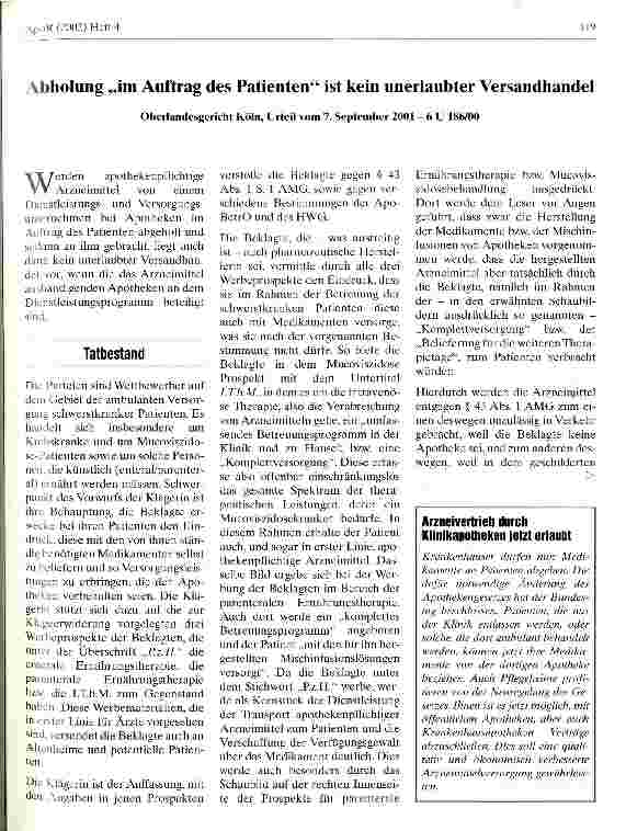 Vorschauseite 1: Abholung im Auftrag des Patienten ist kein unerlaubter Versandhandel Oberlandesgericht Köln, Urteil vom 7. September 2001