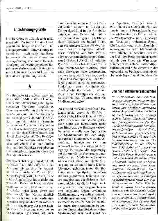 Vorschauseite 3: Abholung im Auftrag des Patienten ist kein unerlaubter Versandhandel Oberlandesgericht Köln, Urteil vom 7. September 2001