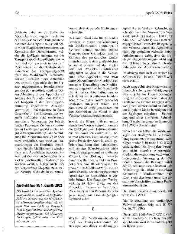 Vorschauseite 4: Abholung im Auftrag des Patienten ist kein unerlaubter Versandhandel Oberlandesgericht Köln, Urteil vom 7. September 2001