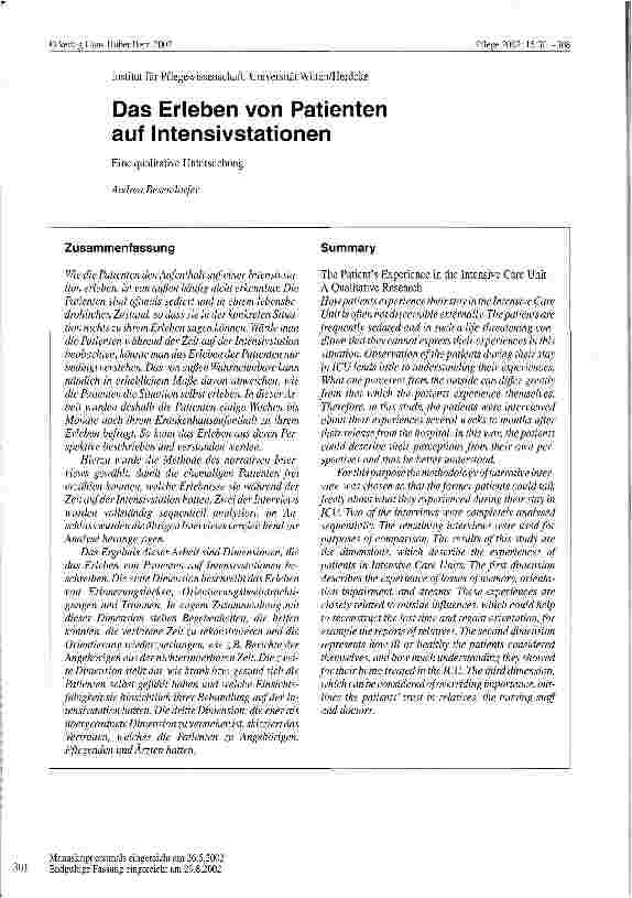 Vorschauseite 1: Das Erleben von Patienten auf Intensivstationen Eine qualitative Untersuchung