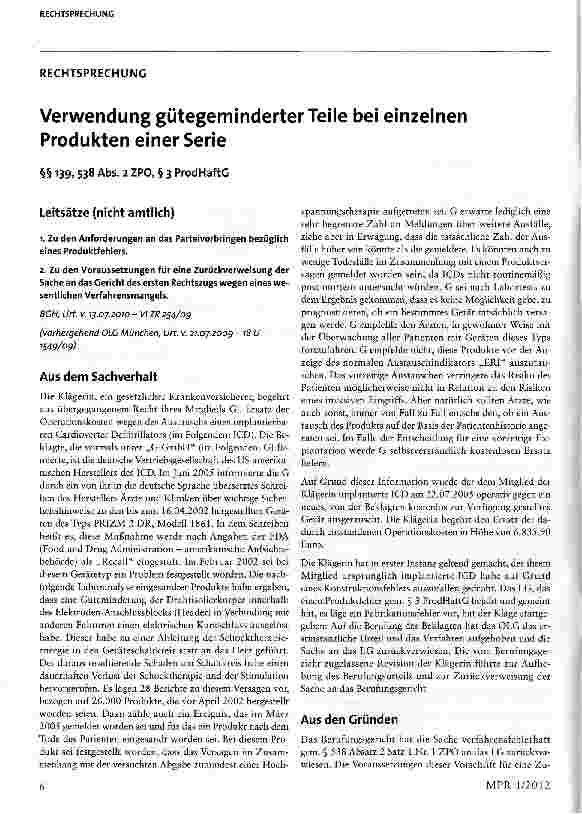Vorschauseite 1: Verwendung gütegeminderter Teile bei einzelnen Produkten einer Serie §§ 139, 538 Abs. 2 ZPO, § 3 ProdHaftG